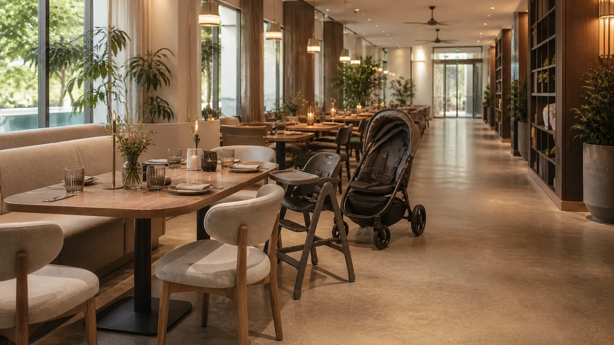 Titelbild zum Ratgeber: Gastrotische für Familiengruppen: Kinderwagen, Hochstuhl und Platzbedarf am Tisch